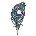 Jeweled Peacock Feather with Pearl-Look Center Brooch — Green & Purple