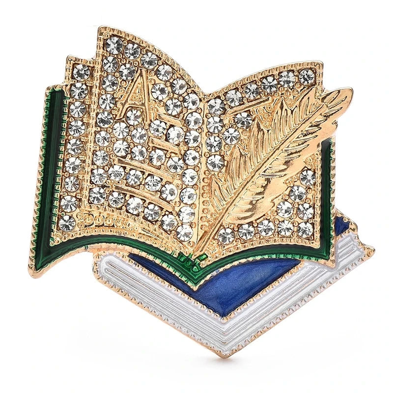 Rhinestone Open Book and Quill Brooch — Blue