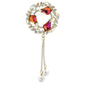 Jeweled Wheat Wreath with Pearl-Look Chain Tassels Brooch — Red