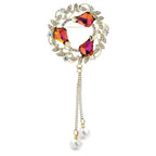 Jeweled Wheat Wreath with Pearl-Look Chain Tassels Brooch — Red