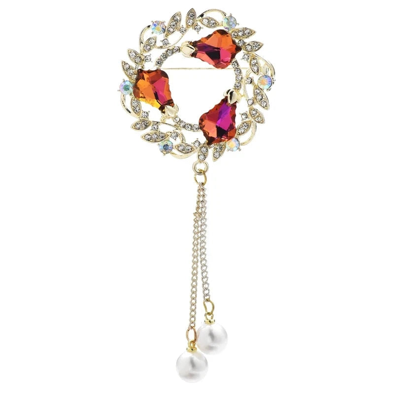 Jeweled Wheat Wreath with Pearl-Look Chain Tassels Brooch — Red