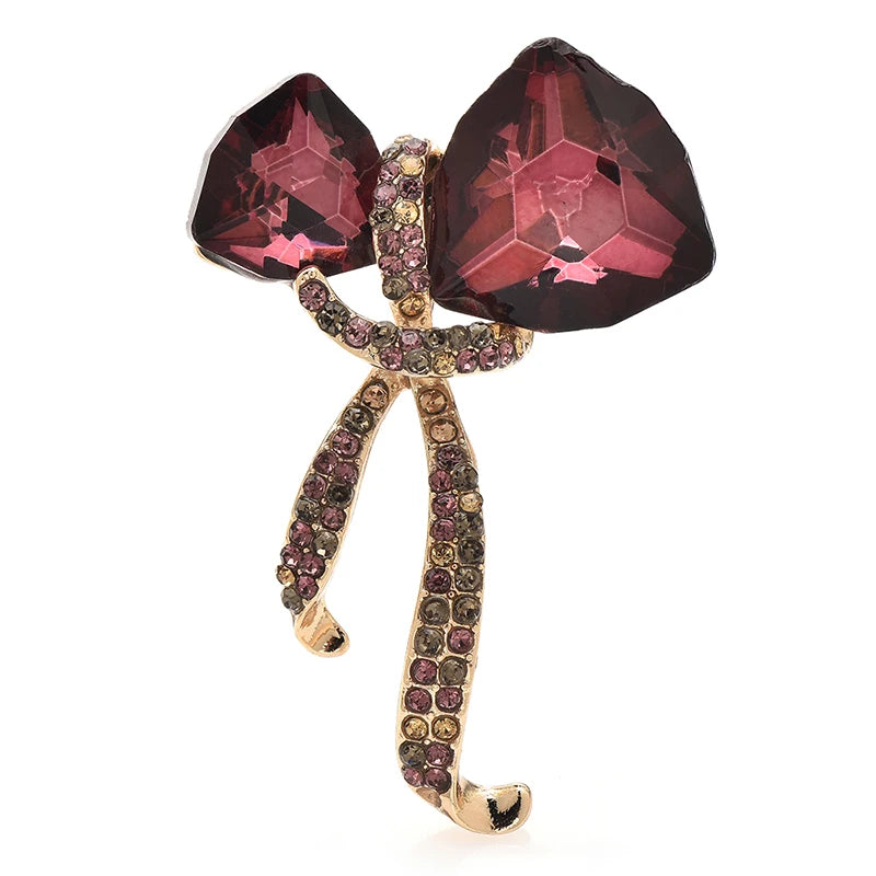 Faceted Bow with Rhinestone Ribbon Tails Brooch — Burgundy