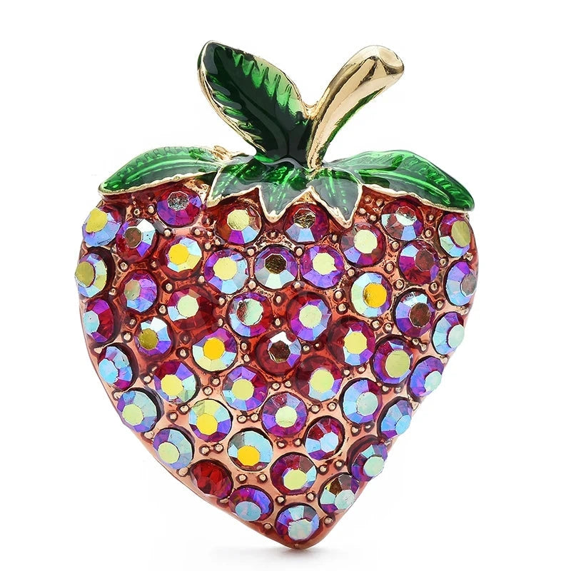 Iridescent Rhinestone Strawberry Brooch — Red Strawberry