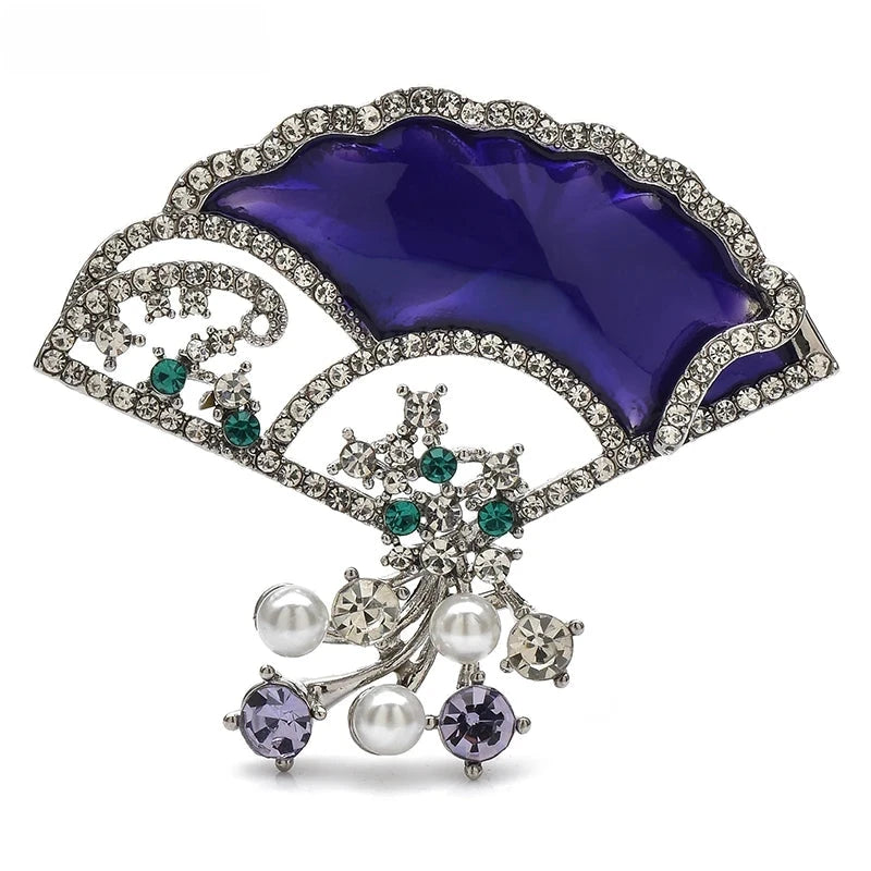 Purple Enamel Fan with Rhinestone Flower Dangles Brooch original variant product photo