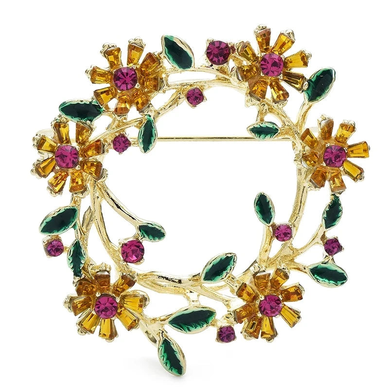 Colorful Floral Wreath Brooch — Gold