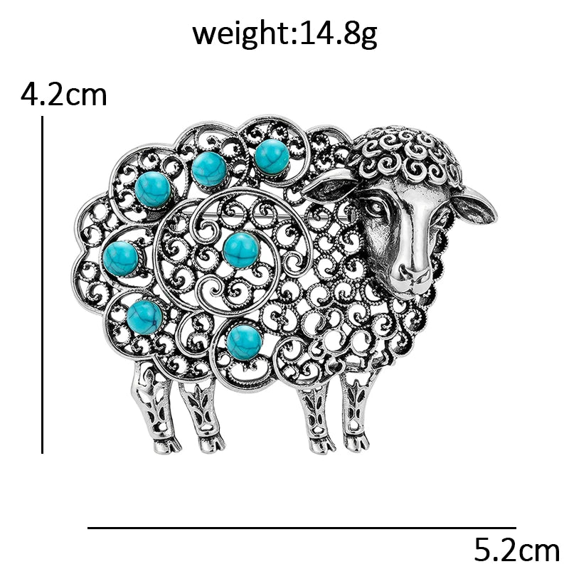 Vintage Openwork Sheep with Colorful Cabochons Brooch