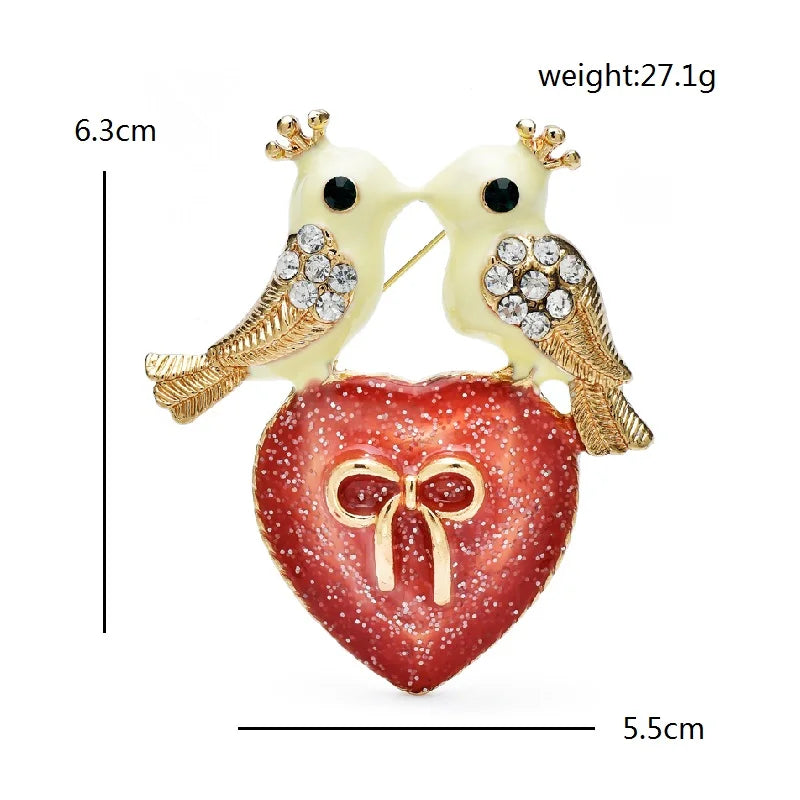Crowned Lovebirds on a Red Heart Brooch — dimensions