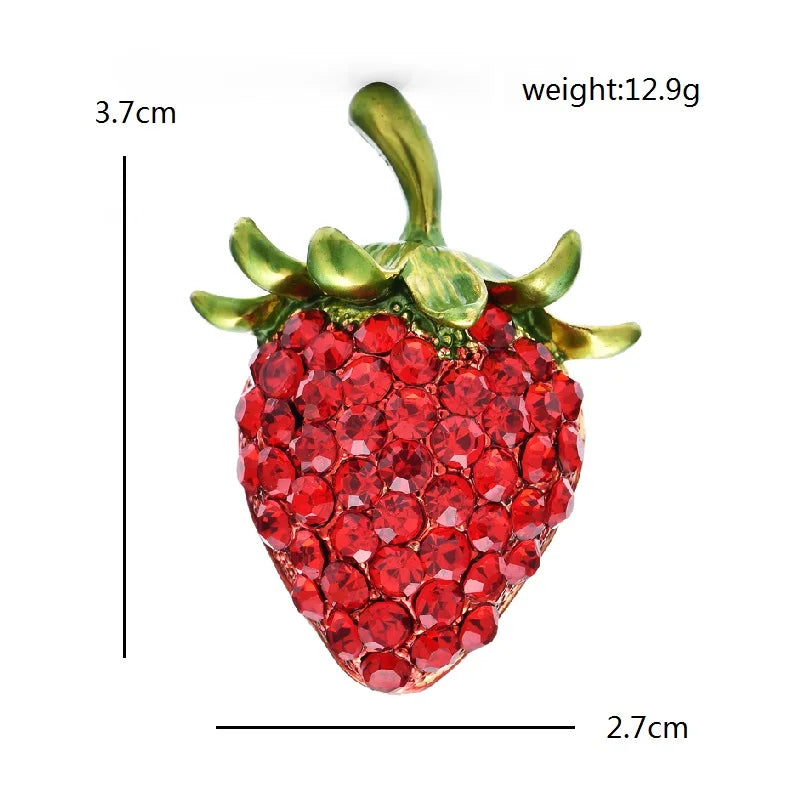Red Rhinestone Strawberry with Enamel Leaves Brooch — dimensions