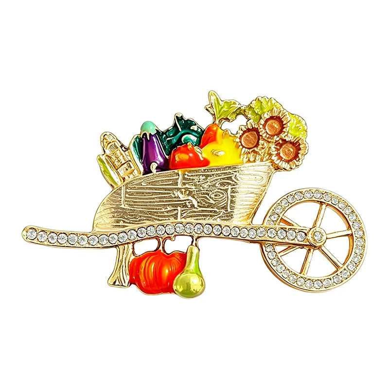 Harvest Wheelbarrow with Fruit and Flowers Brooch original white background product photo