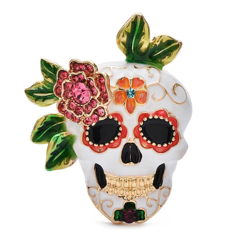 Floral Sugar Skull with Rose and Leaves Brooch — Floral Sugar Skull