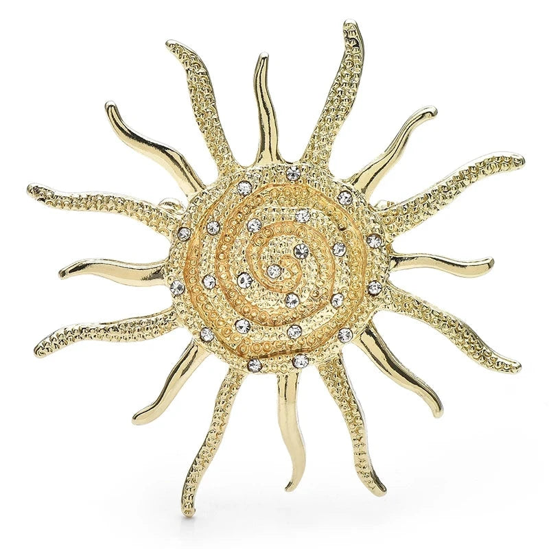 Spiral Sunburst with Rhinestone Accents Brooch — Gold