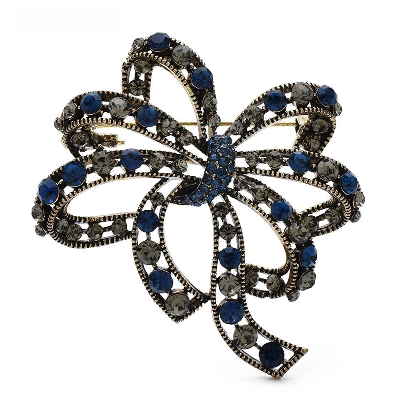 Vintage-Style Looping Rhinestone Bow Brooch — Blue