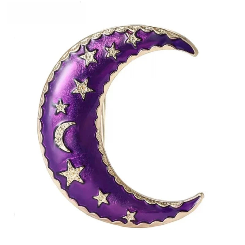 Starry Enamel Crescent Moon Brooch — Purple