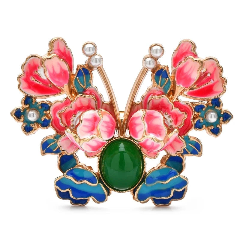 Peony Butterfly with Green Cabochon Brooch — Pink