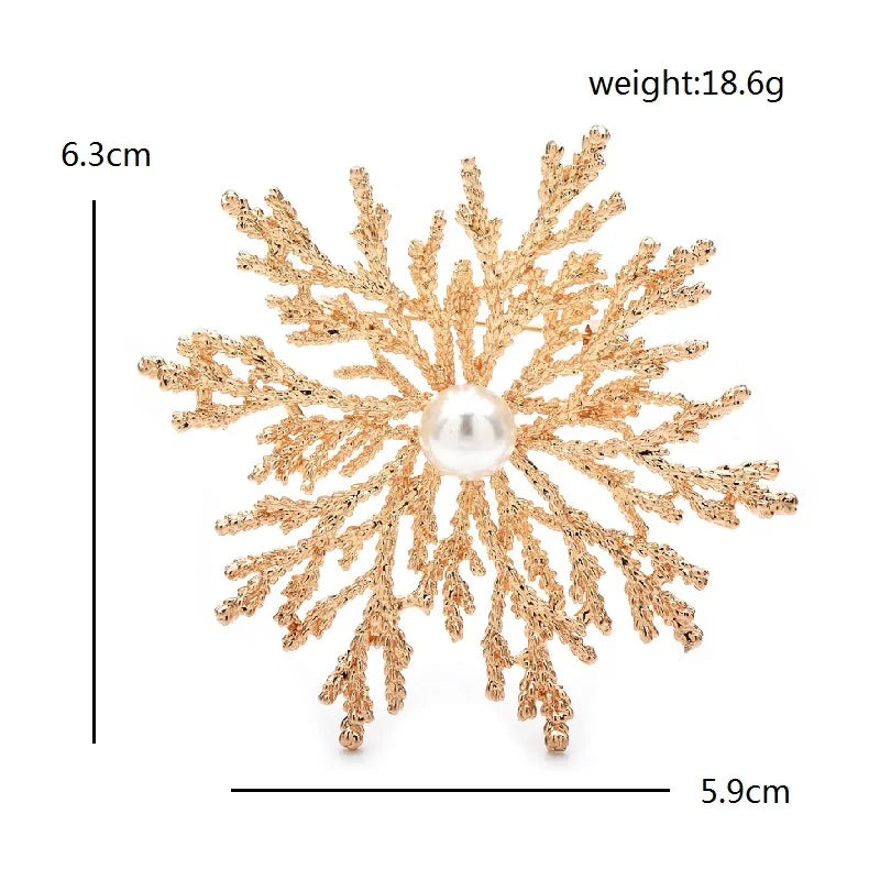 Textured Snowflake with Pearl-Look Center Brooch — dimensions