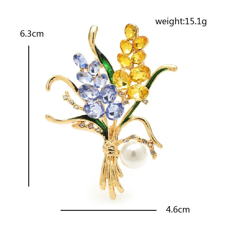 Jeweled Wheat Bouquet with Pearl-Look Drop Brooch — dimensions