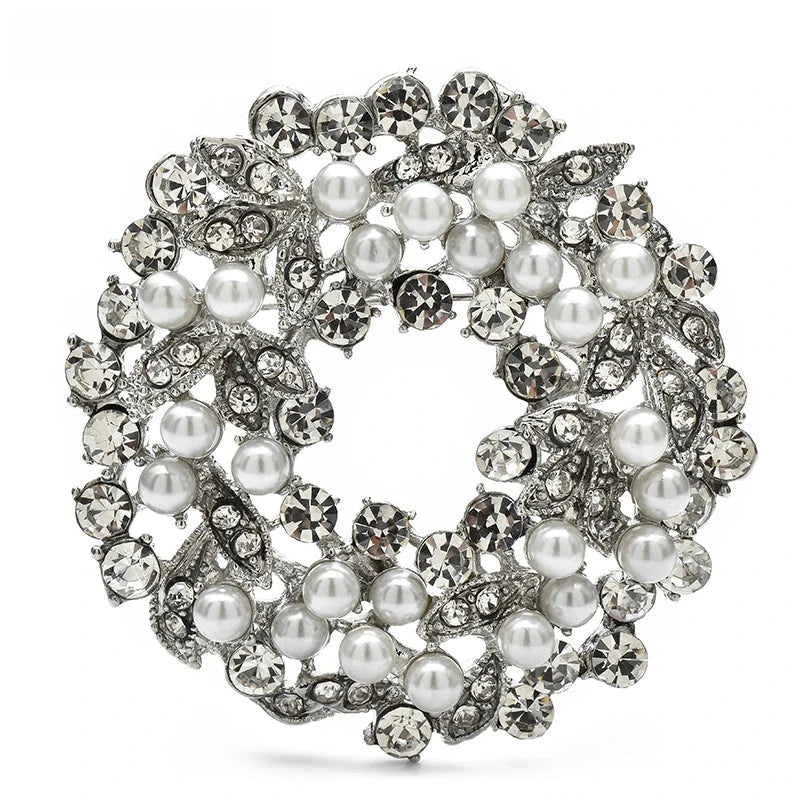 Rhinestone Flower Wreath with Pearl-Look Beads Brooch — Floral Wreath