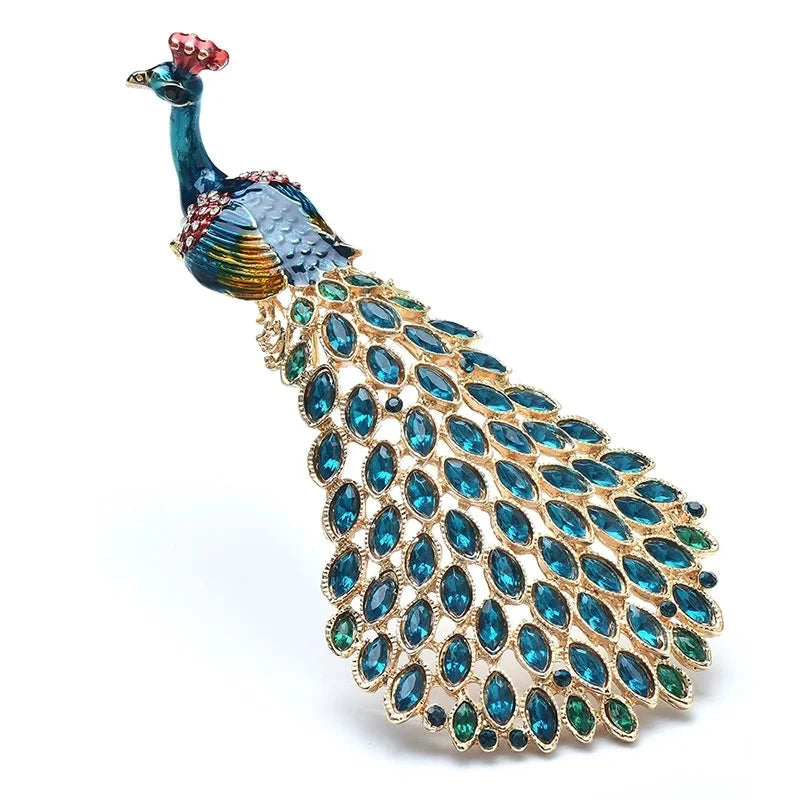 Large Enamel Peacock with Rhinestone Tail Brooch — Blue