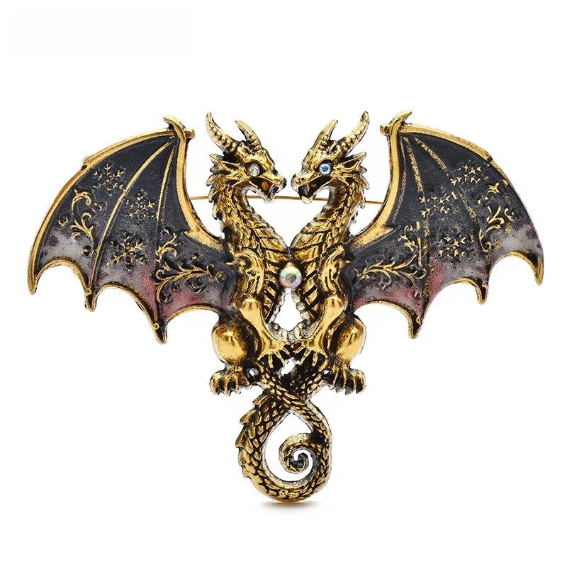 Enamel Twin Dragons with Patterned Wings Brooch — Red