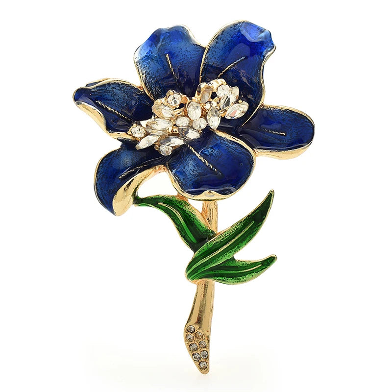 Large Enamel Flower with Jeweled Center Brooch — Blue