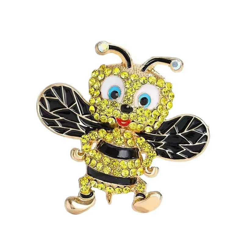 Smiling Enamel Bee with Rhinestones Brooch — Black & Yellow