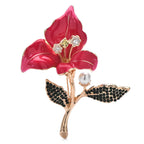Enamel Orchid with Pearl-Look Stem Accent Brooch — Red