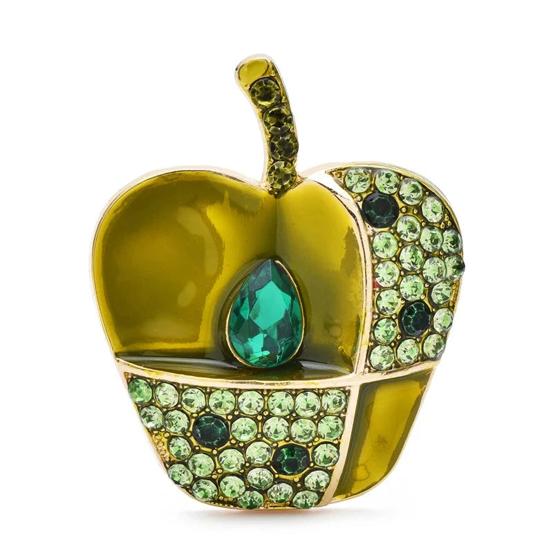 Enamel Apple with Patchwork Rhinestones Brooch — Green