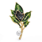 Enamel Leaf Cluster with Pearl-Look Drop Brooch — Green