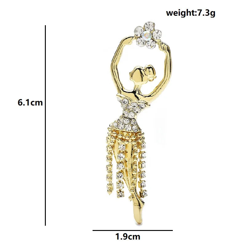 Dancing Lady with Rhinestone Tassels Brooch — dimensions
