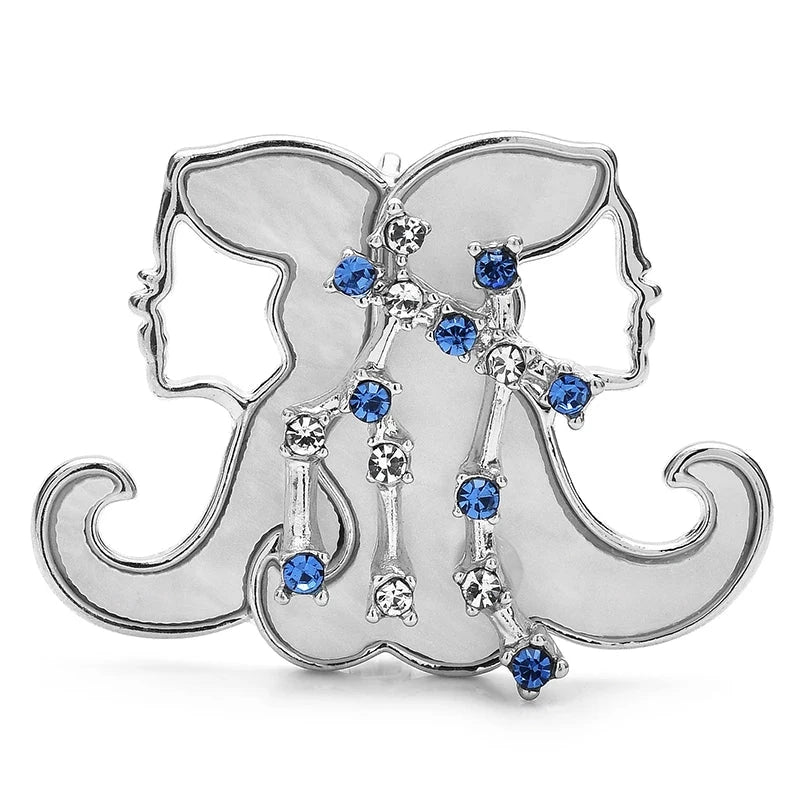 Gemini Zodiac Twins with Blue Stars Brooch — Silver