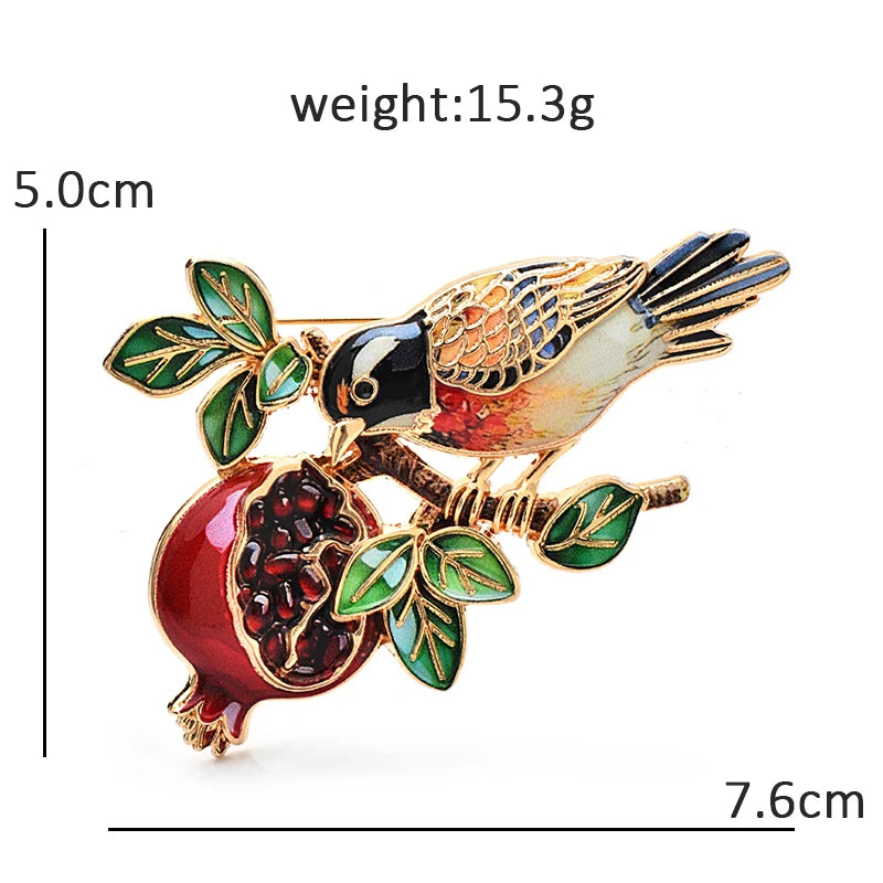 Enamel Bird on Pomegranate Branch Brooch — dimensions