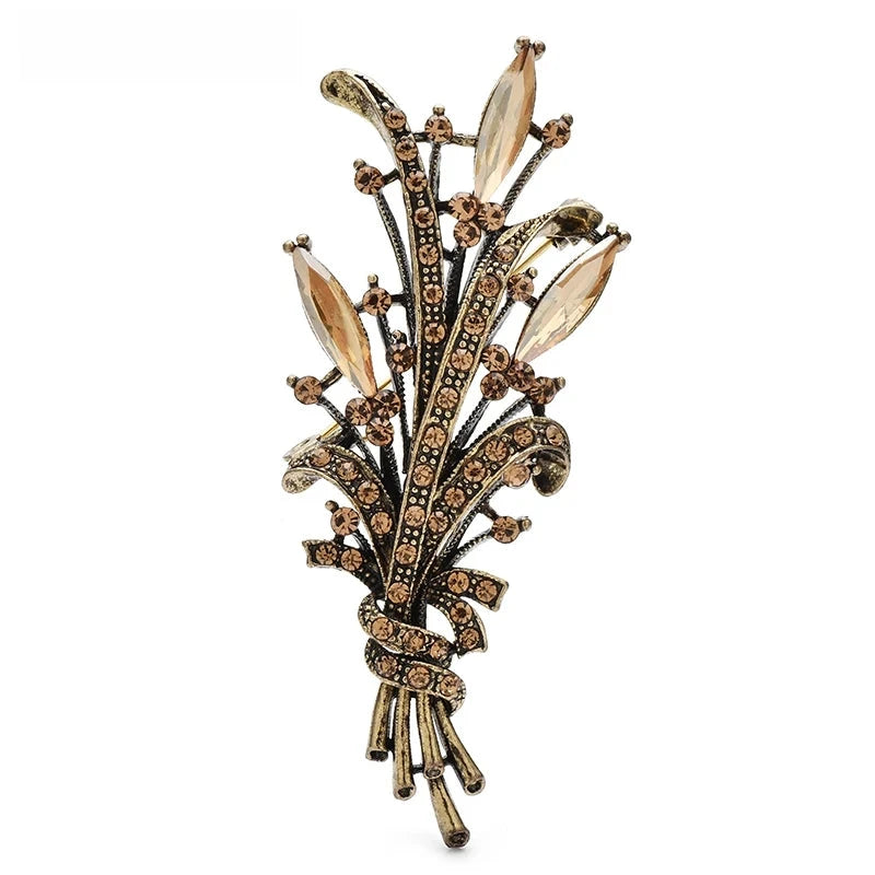 Vintage-Style Jeweled Wheat Bouquet Brooch — Champagne