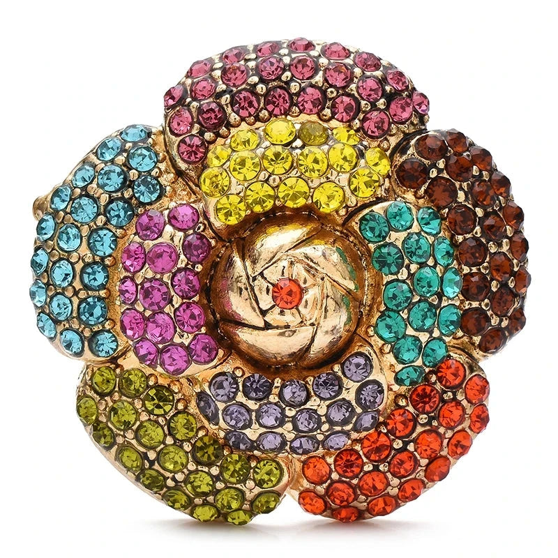 Multicolor Rhinestone Camellia Brooch — Multicolor