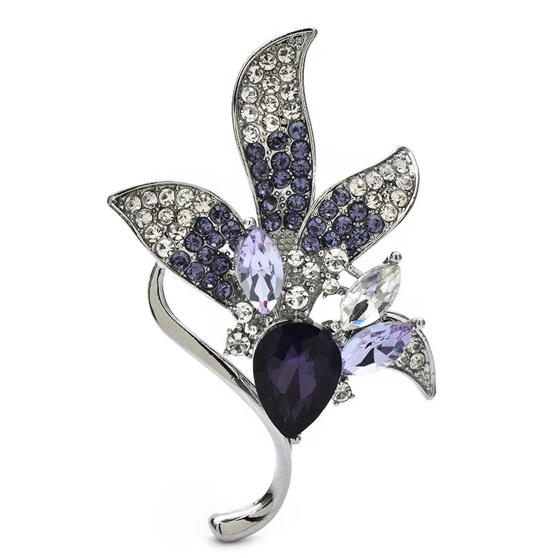 Purple Faceted Floral Spray with Curved Leaves Brooch — Purple Floral Spray