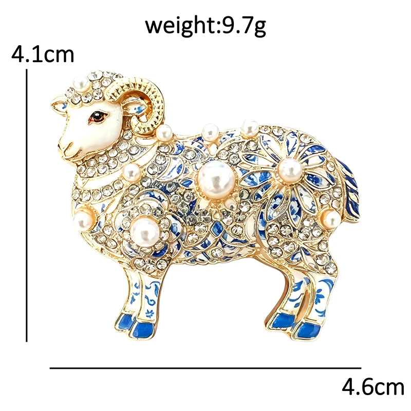 Blue and White Pearl-Look Accent Ram Brooch