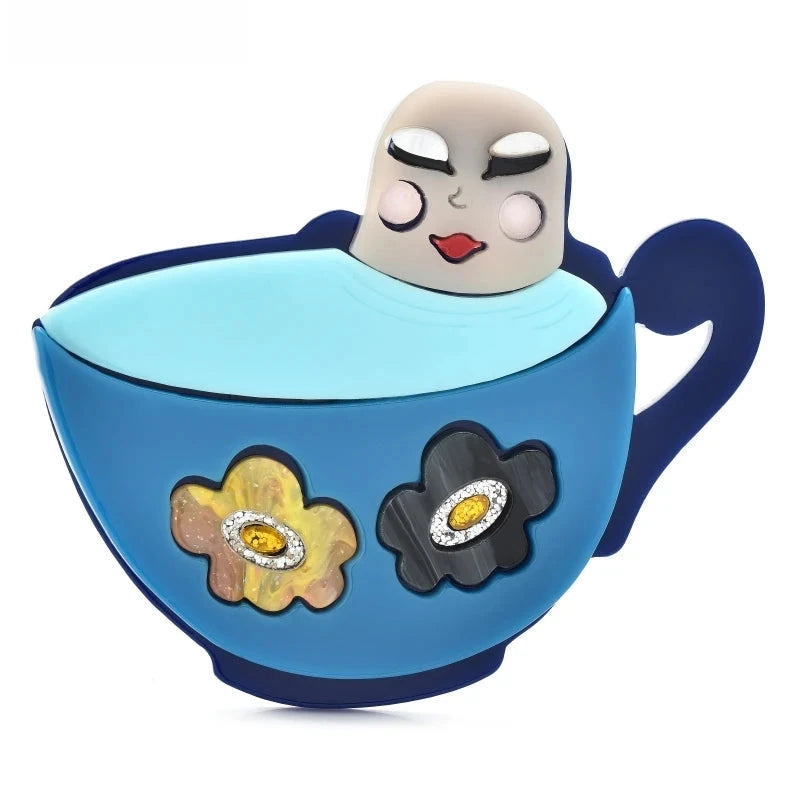 Acrylic Character in Floral Cup Brooch — Blue