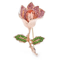Faceted Rose with Rhinestone Leaves Brooch — Pink & Green