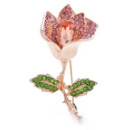 Faceted Rose with Rhinestone Leaves Brooch — Pink & Green