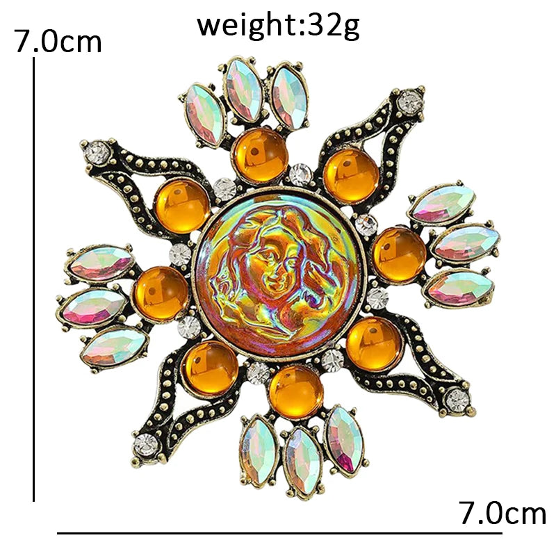 Ornate Sun Face with Radiating Accents Brooch