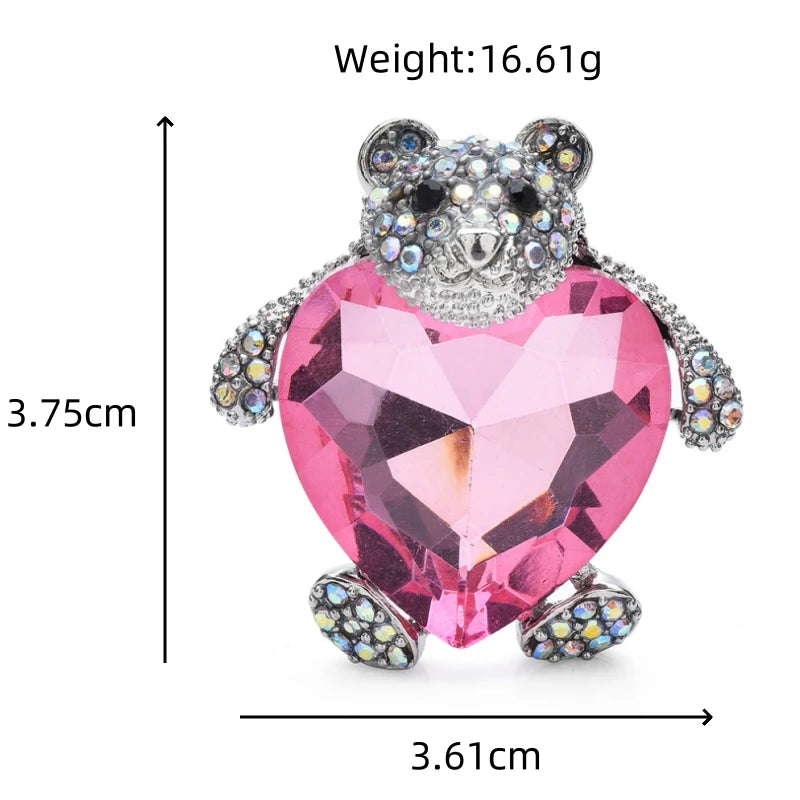 Bear Hugging Pink Heart Crystal Brooch — dimensions