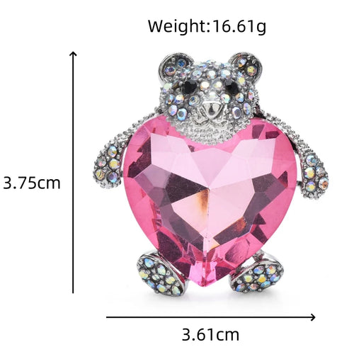 Bear Hugging Pink Heart Crystal Brooch — dimensions