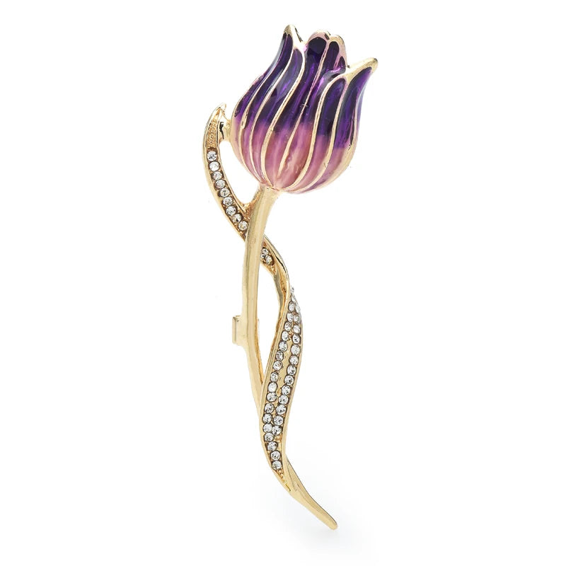 Enamel Tulip with Jeweled Stem Brooch