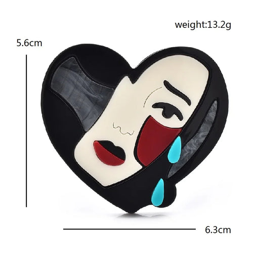 Acrylic Heart-Shaped Tearful Portrait Brooch — dimensions