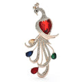 Jeweled Peacock with Flowing Loop Tail Brooch — Red