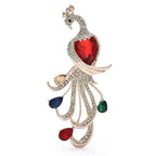 Jeweled Peacock with Flowing Loop Tail Brooch — Red