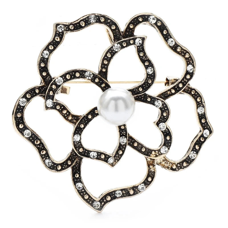 Rhinestone Openwork Rose with Pearl-Look Center Brooch — Openwork Rose