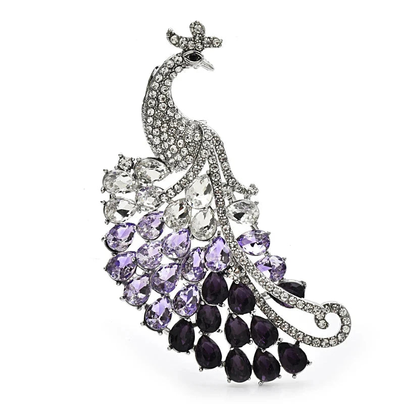 Purple Faceted Peacock with Sweeping Tail Brooch — Purple Peacock