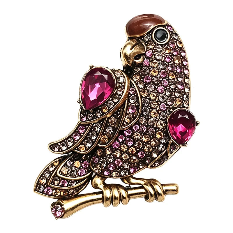 Vintage Rhinestone Parrot on Branch Brooch original white background product photo