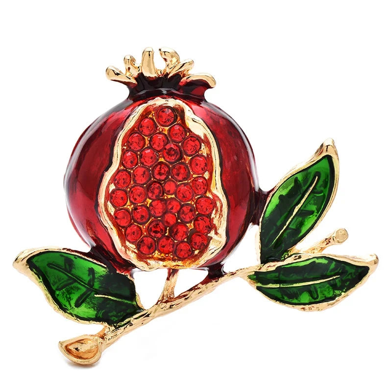 Jeweled Pomegranate on Leafy Branch Brooch — Burgundy