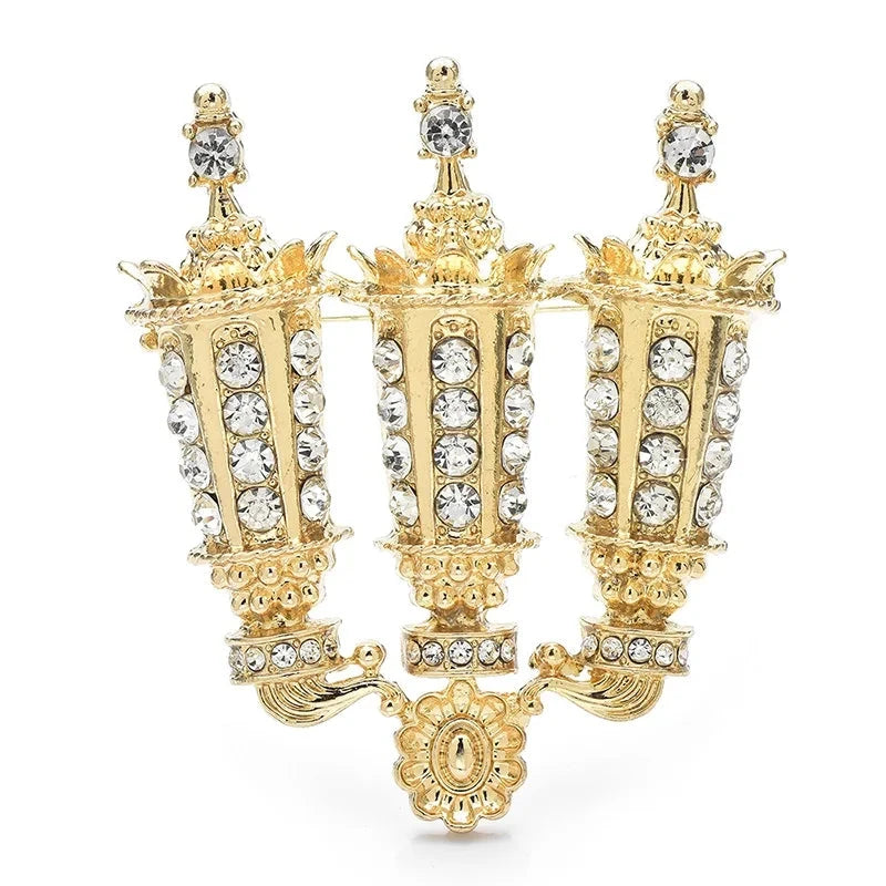 Rhinestone Three-Arm Candle Holder Brooch — Gold